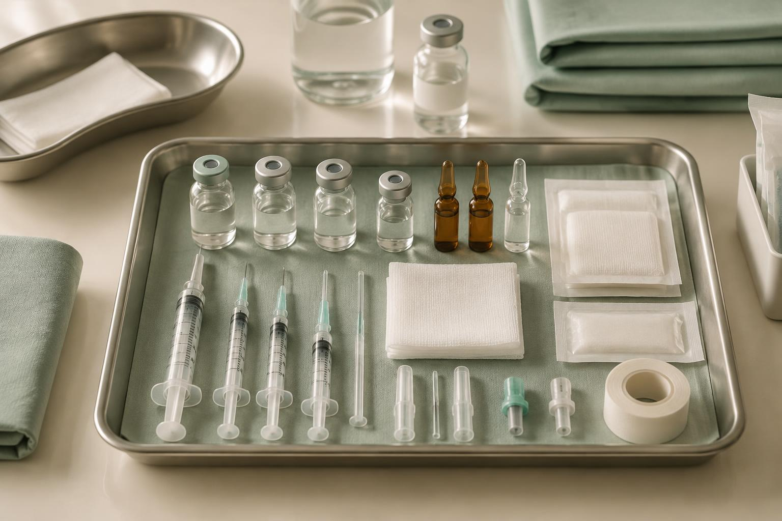 Prepared emergency and complications tray with vials, syringes and dressings on a clinical surface