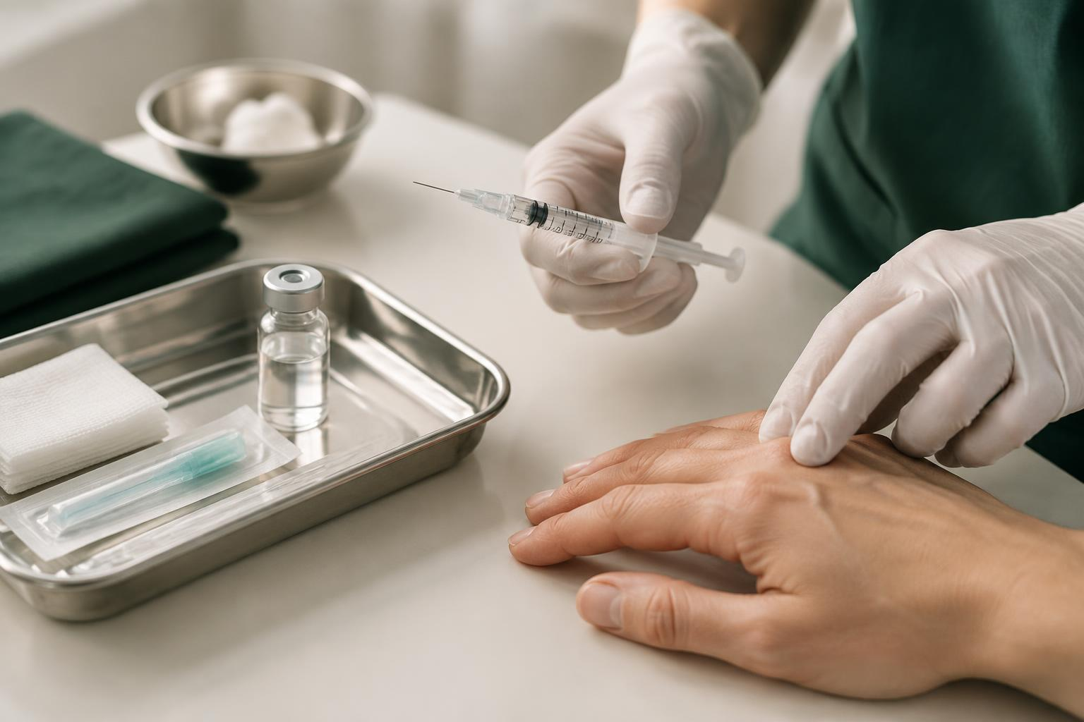 Gloved clinician preparing hyaluronidase beside a sterile tray while assessing capillary refill
