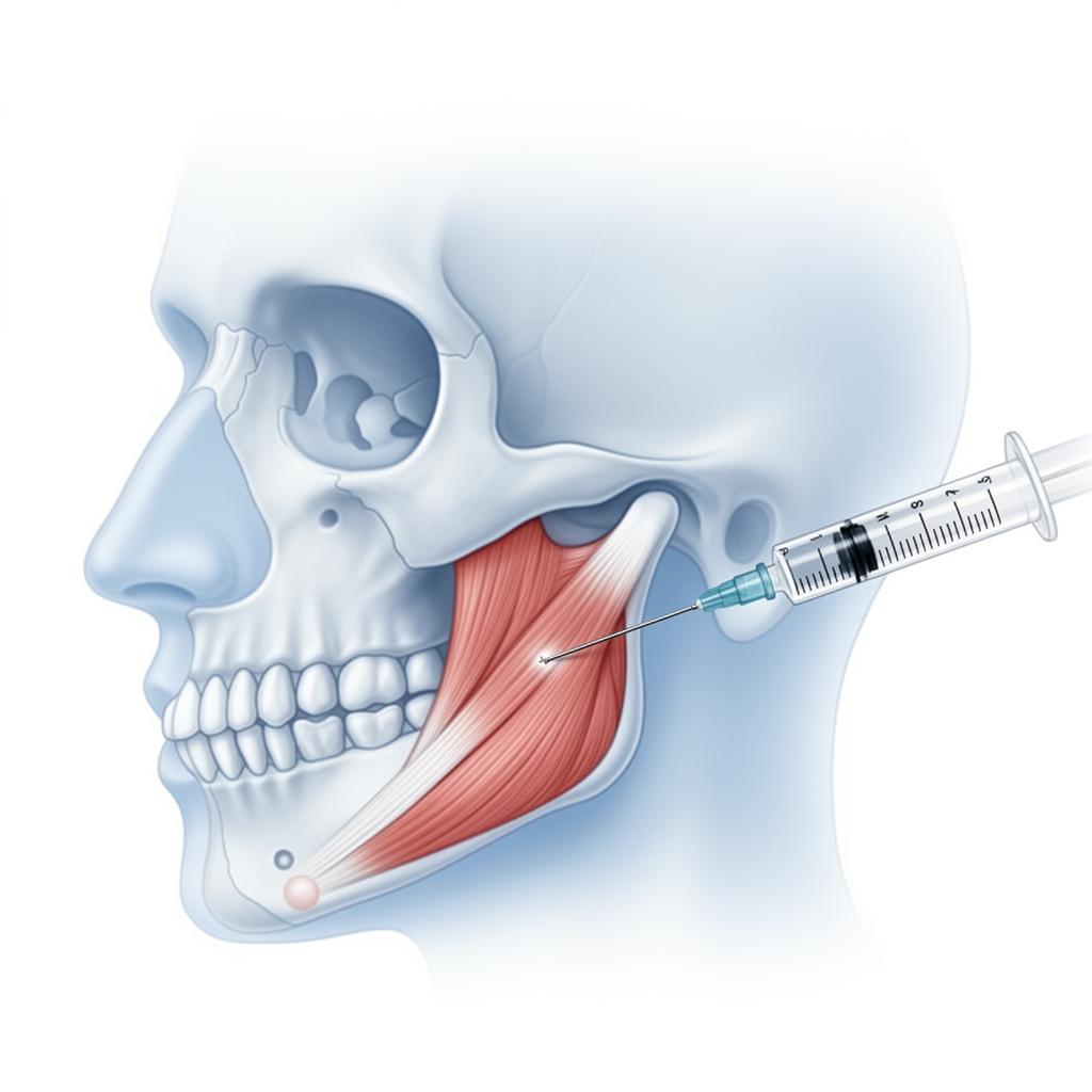 Clinical illustration of botulinum toxin injection into the masseter muscle for orofacial pain management, showing jaw anatomy with temporomandibular joint and masticatory muscles