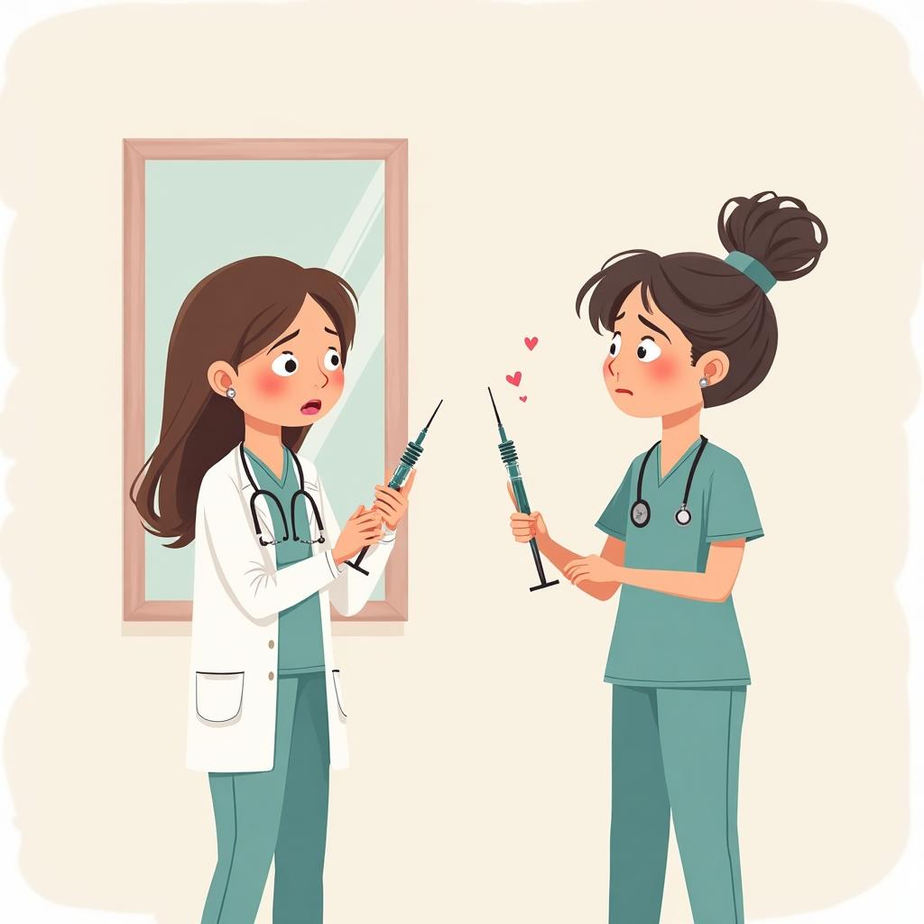 Illustration of a nervous beginner aesthetic practitioner gaining confidence with their first injection