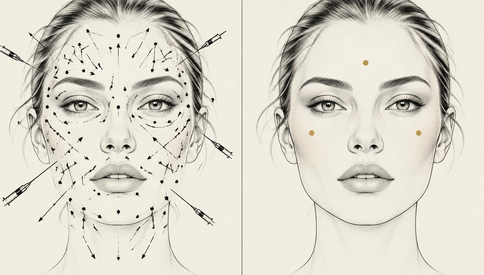 Line drawing of a face covered in competing injection points and arrows beside the same face simplified to three gold decision points