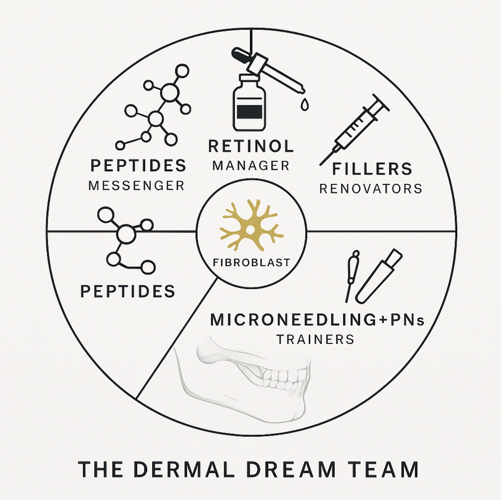 Dr Ahmed Haq dermal dream team diagram - fibroblast activation with peptides, retinol, fillers for skin rejuvenation - aesthetic medicine techniques