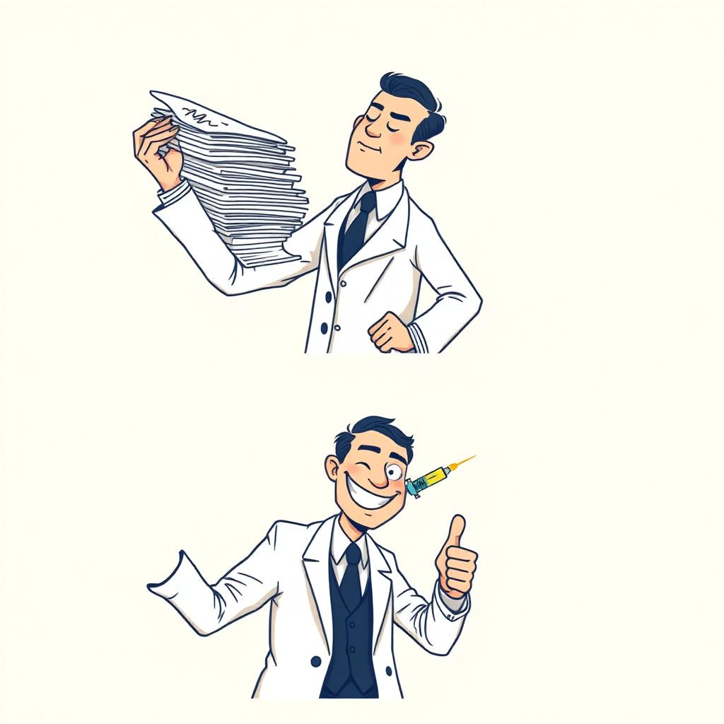 Doctor rejecting essay, approving syringe — Drake meme style