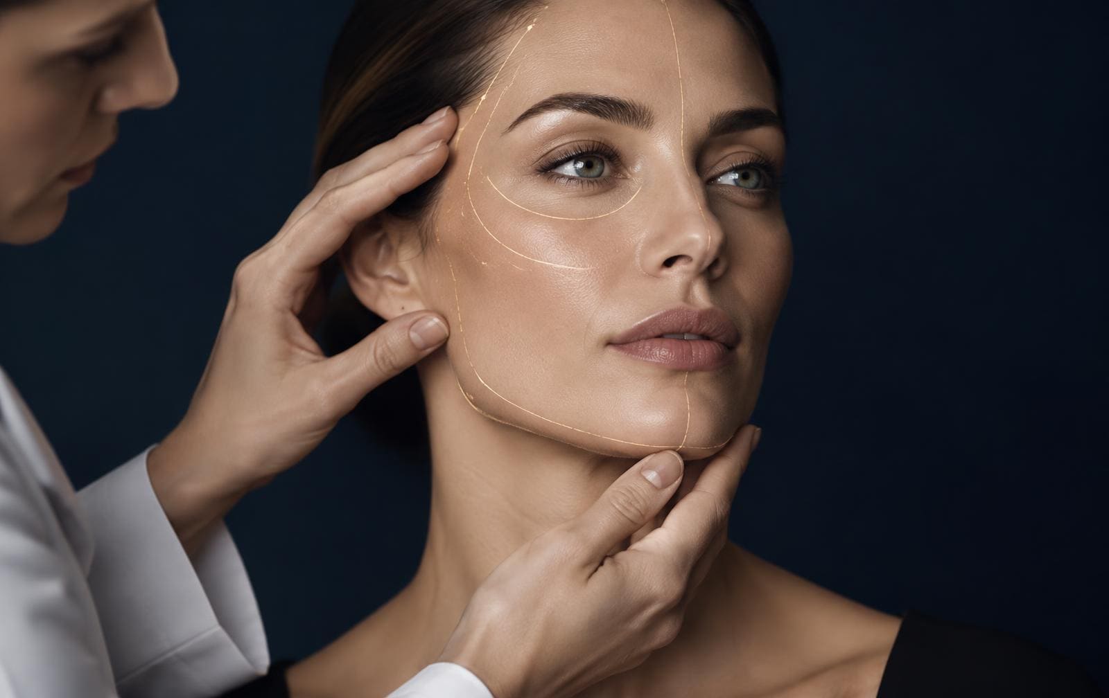 Clinician's hands framing a patient's face for assessment, fine gold anatomical lines over the skin, no syringe