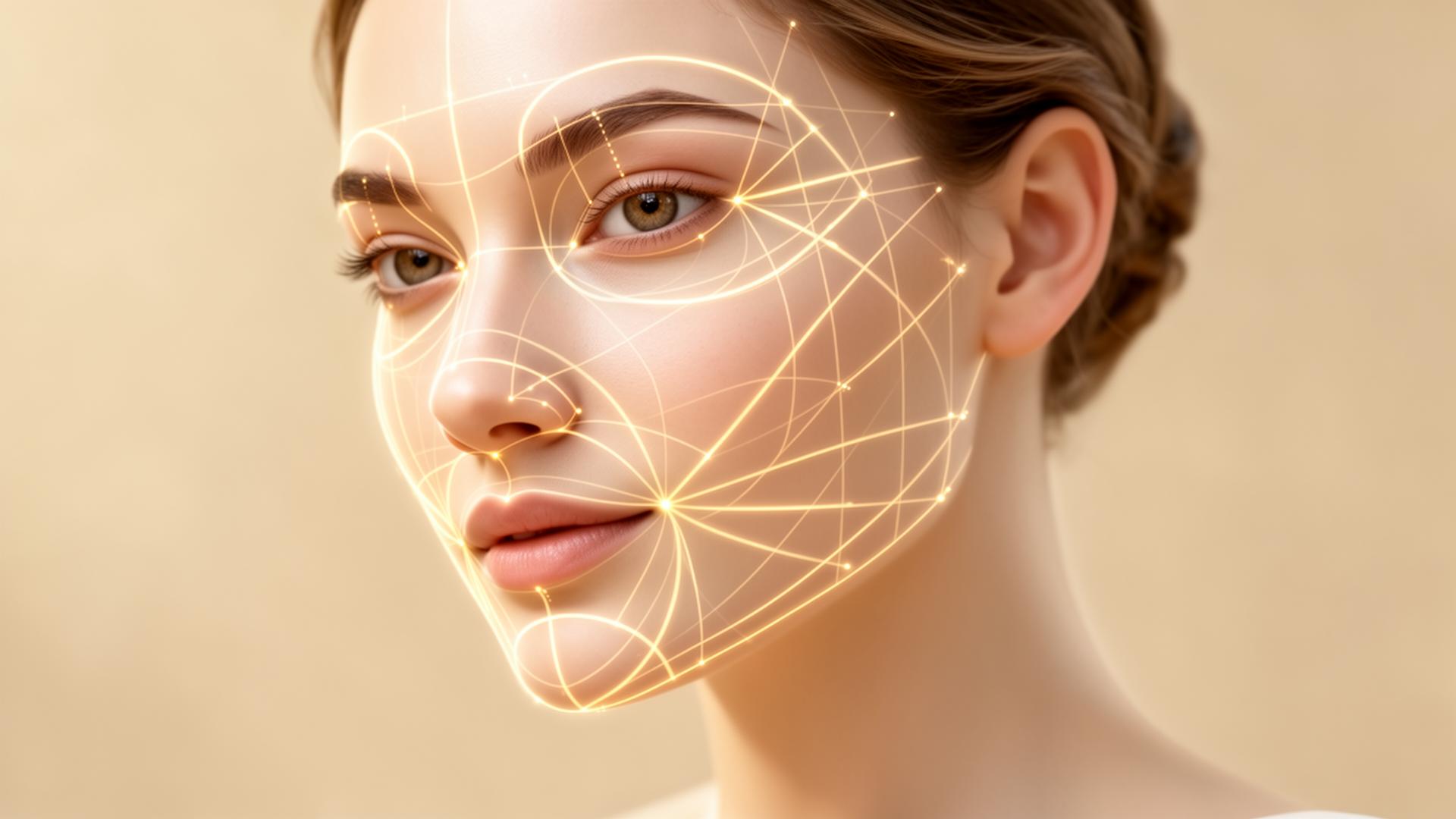 Editorial portrait with luminous facial mapping lines representing aesthetic facial assessment