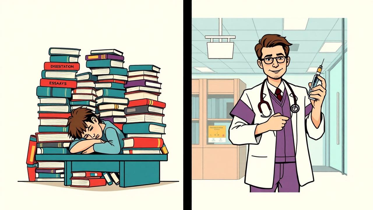 Student buried in dissertations vs doctor in clinic with syringe