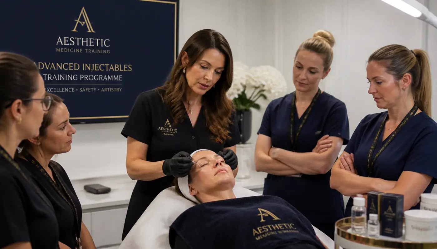 Licensed Harley Street Institute trainer demonstrating a botulinum toxin injection technique to aesthetic physicians during a Foundation Day practical session