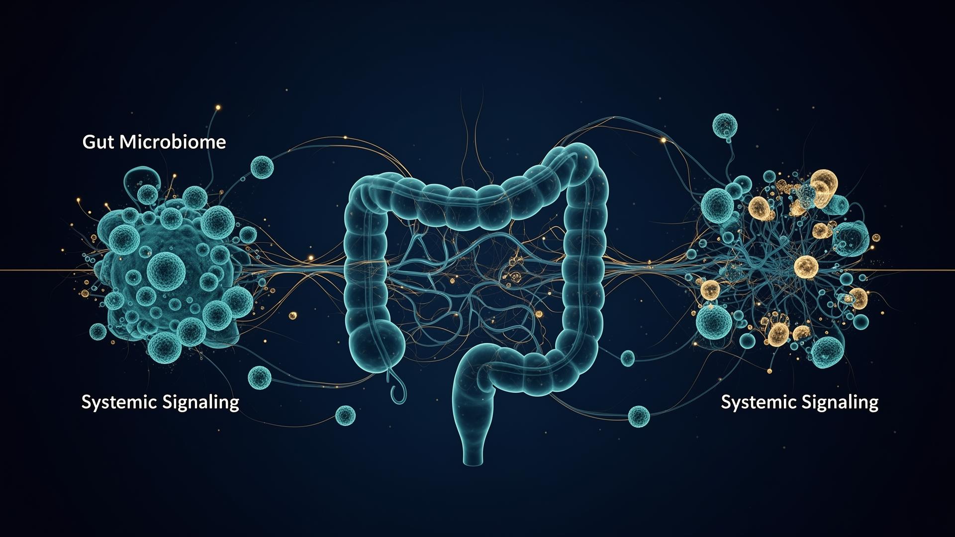 Abstract visualization of gut microbiome and systemic signalling pathways representing gastrointestinal regulation in anti-ageing medicine