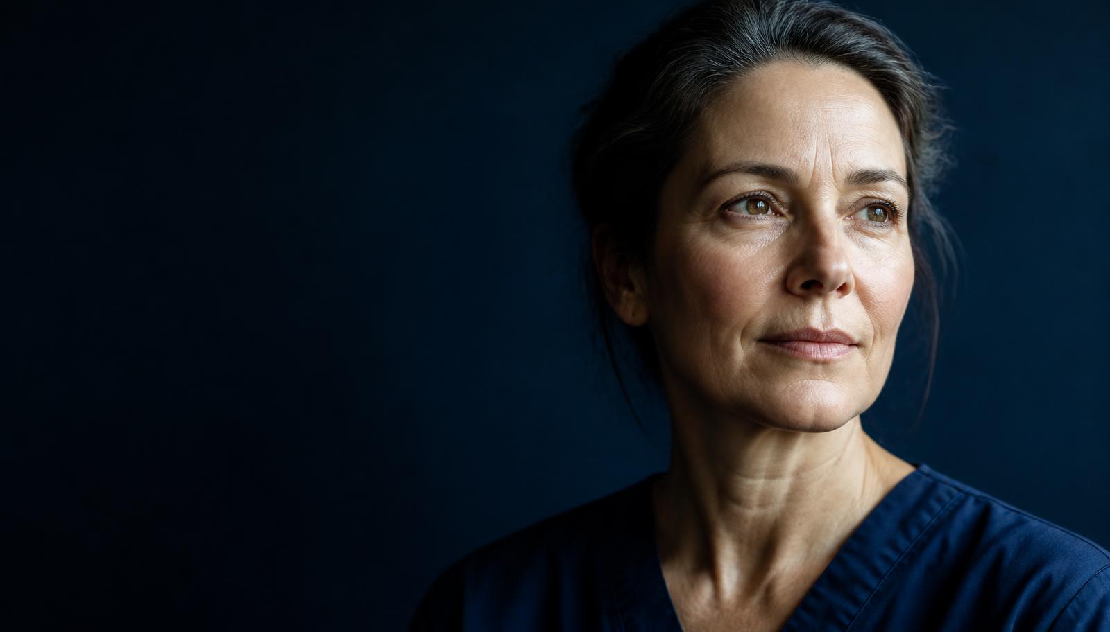 Editorial portrait of a woman in her early fifties in cool clinical side light against a deep navy background, natural unretouched skin texture