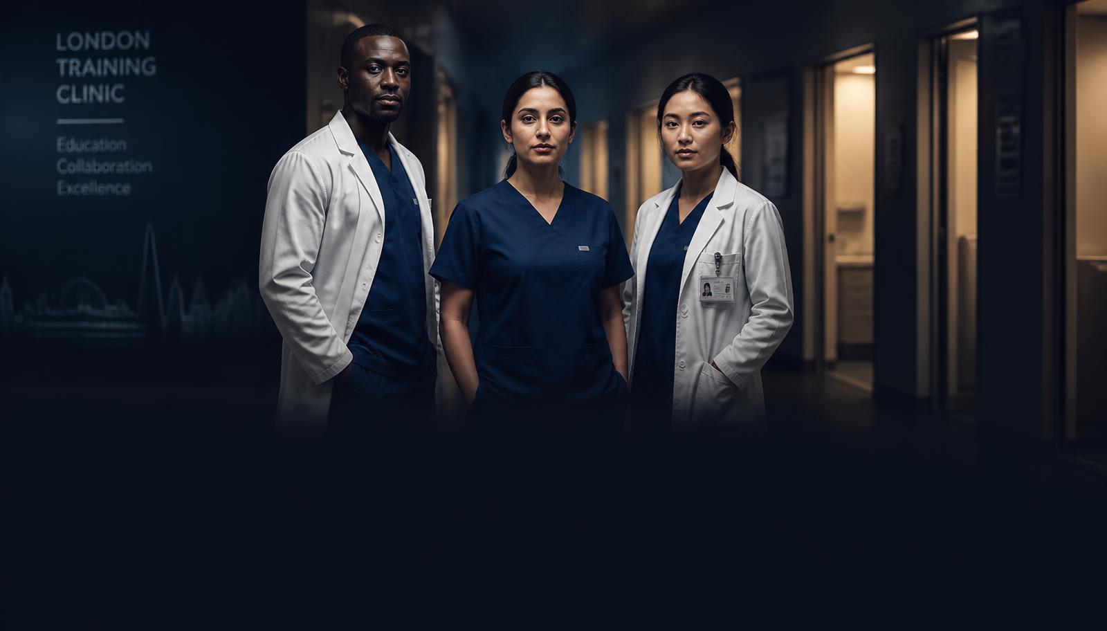 Three clinicians in scrubs and white coats standing in a darkened London training clinic corridor with lit doorways behind them
