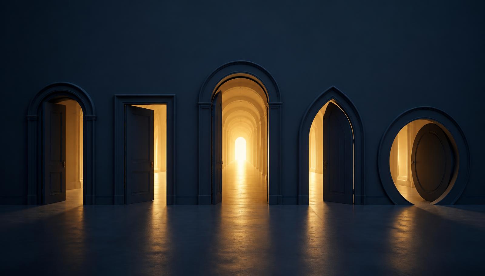 Several doorways leading into a single lit corridor, representing different entry routes into aesthetic medicine