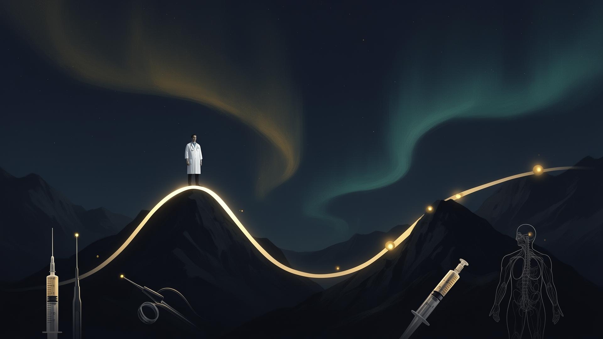 A lone clinician in a white coat stands on the bright peak of a glowing Dunning–Kruger confidence curve under a dark aurora sky, with a deep valley descending into the distance