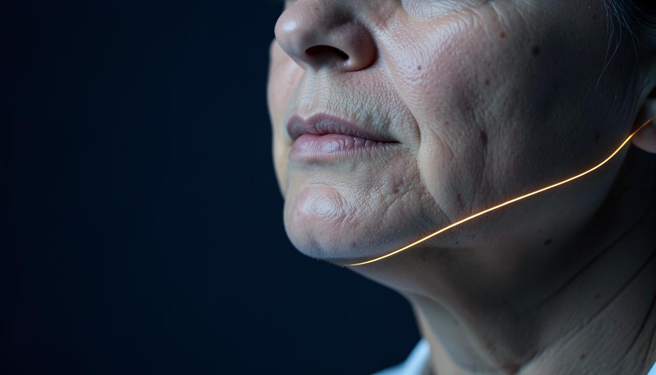 Close-up of a patient's jawline and jowl in cool clinical side light against a deep navy background, with a thin glowing amber fibre-optic line tracing the jawline suggesting subdermal laser energy