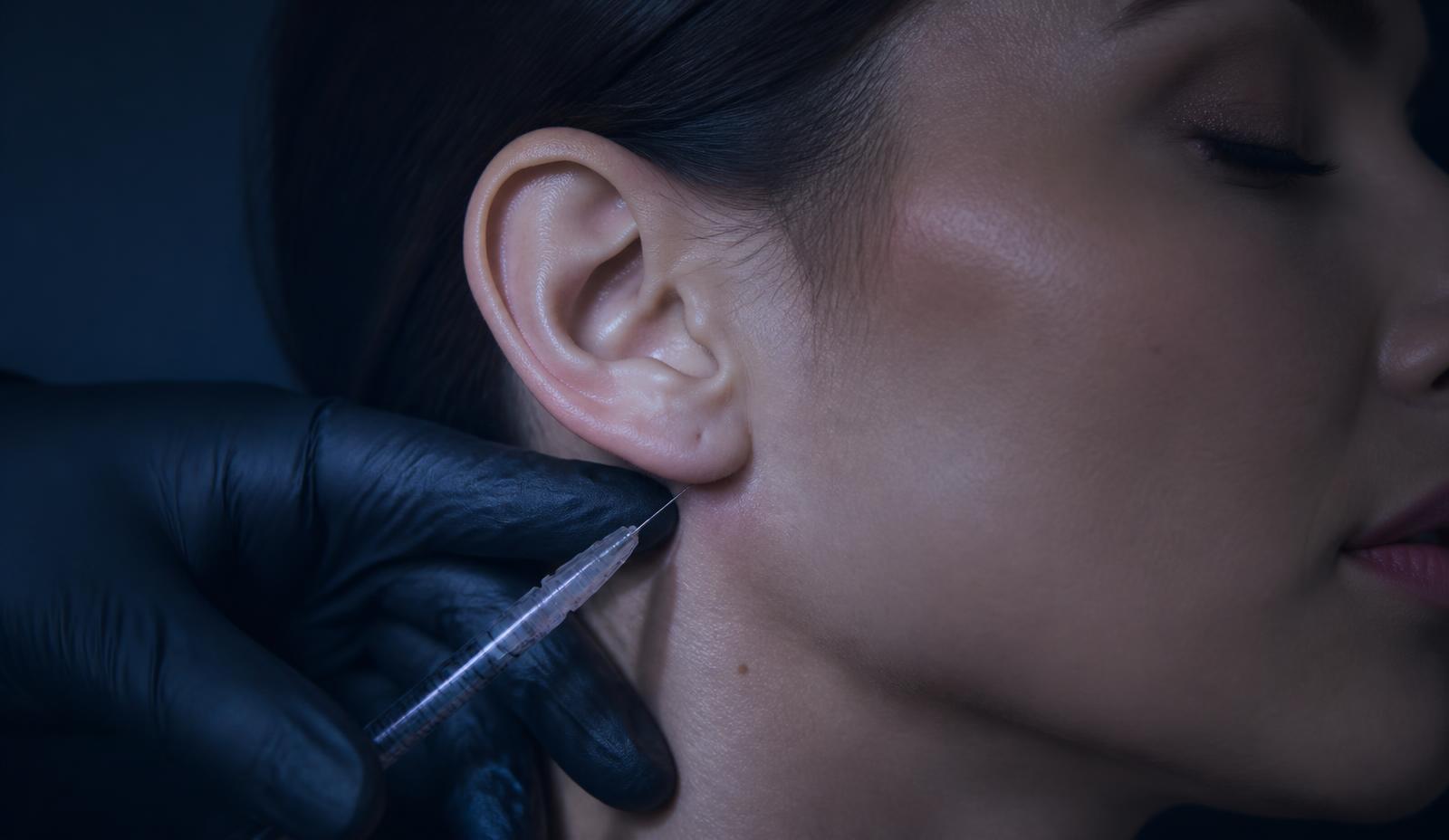 Close-up profile of a patient's ear and jawline in cool clinical lighting with a gloved clinician holding a fine syringe near the masseter region