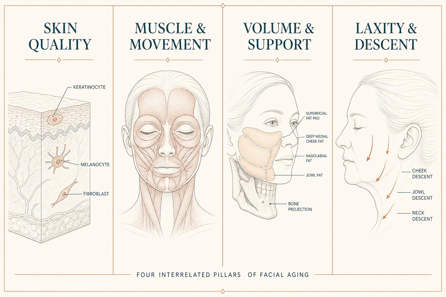 Four-panel diagram of the HSI Mini Scale showing skin quality with keratinocyte, melanocyte and fibroblast, facial expression muscles, facial fat compartments and bone projection, and downward arrows indicating tissue descent