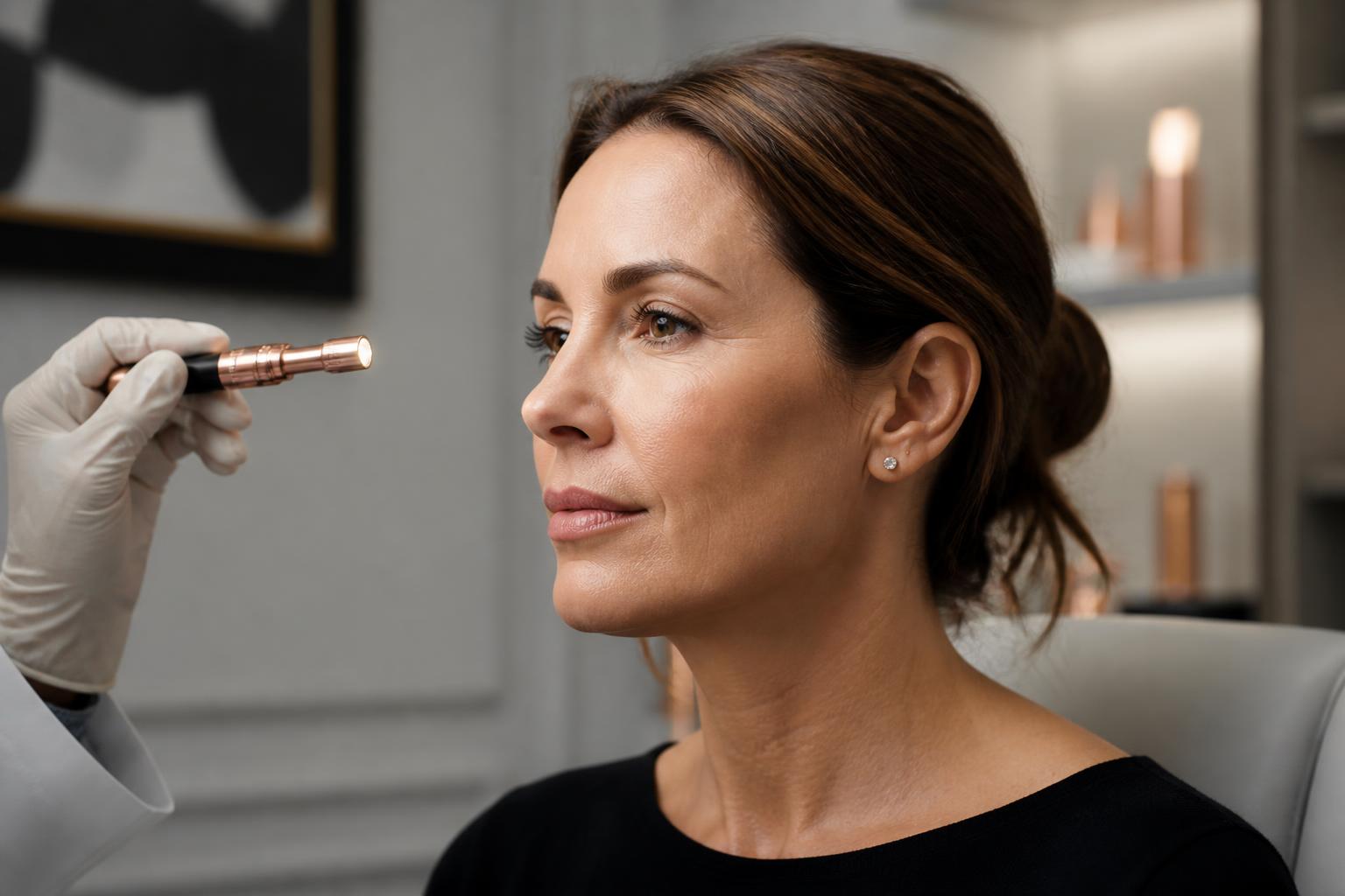 Clinician examining a patient's face in oblique light during a structured four-domain facial assessment in a Harley Street consultation room