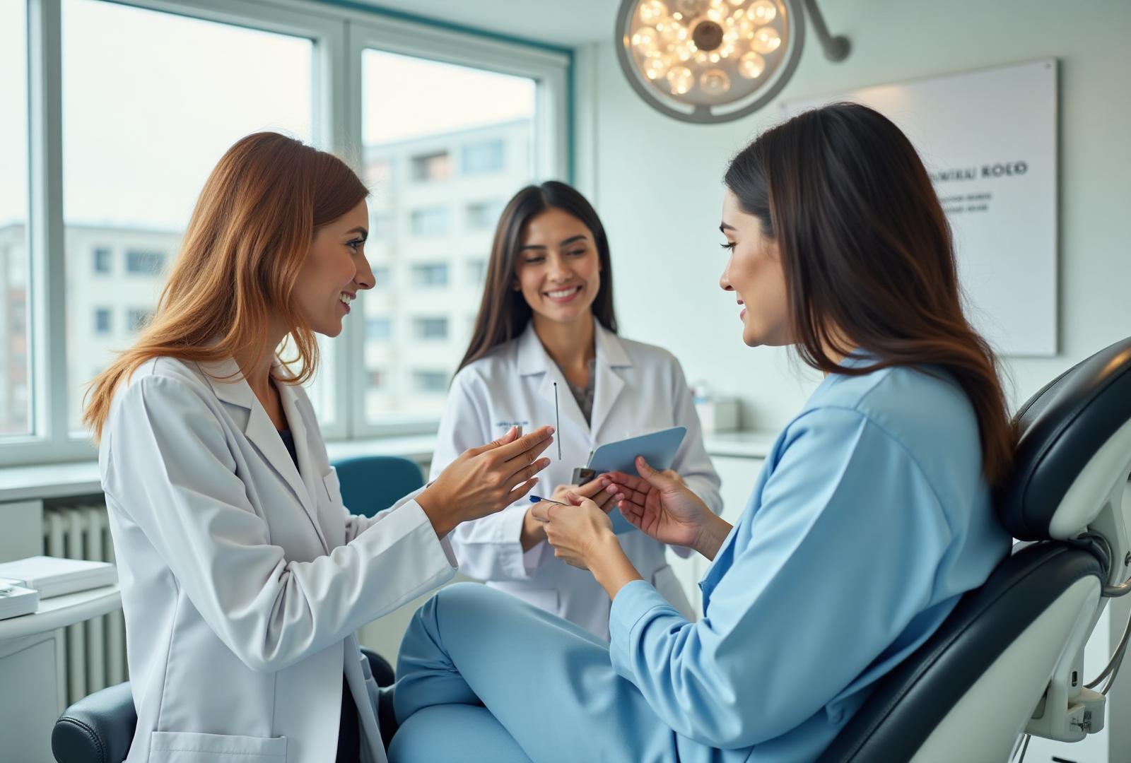 Medical professionals collaborating in modern aesthetic clinic, dentists and aesthetic practitioners discussing treatment plans