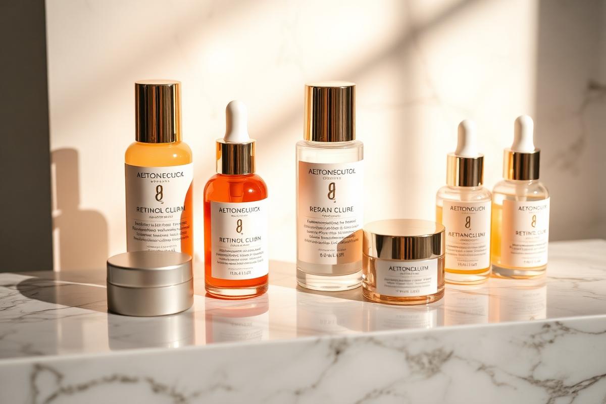 Premium cosmeceutical skincare products - medical-grade retinol serums and aesthetic clinic skincare on luxury display