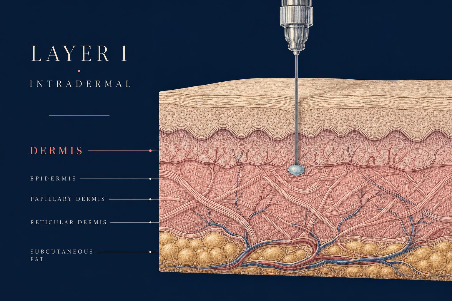 Anatomical cross-section showing a 30G needle entering the dermis to deposit an intradermal micro-droplet of filler
