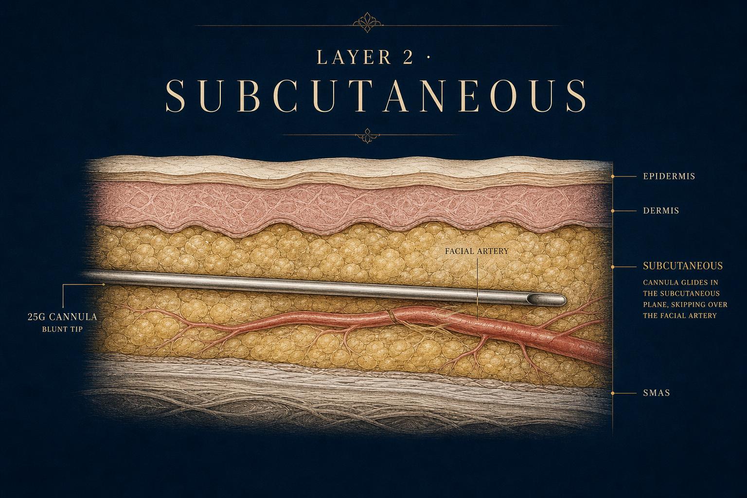 Anatomical cross-section showing a 25G blunt-tip cannula gliding through the subcutaneous plane and skipping over a facial artery