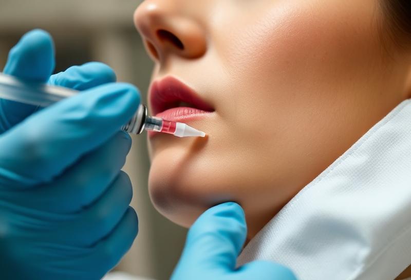 Close-up of precise injection technique being demonstrated in clinical setting