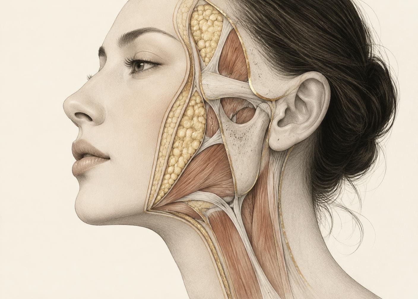 Half-face, half anatomical cutaway illustration showing skin, fat, muscle, ligament and bone layers