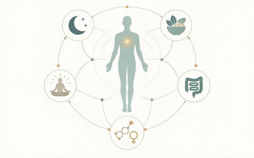 Illustration of one patient at the centre of interconnected sleep, nutrition, stress, gut and hormonal systems