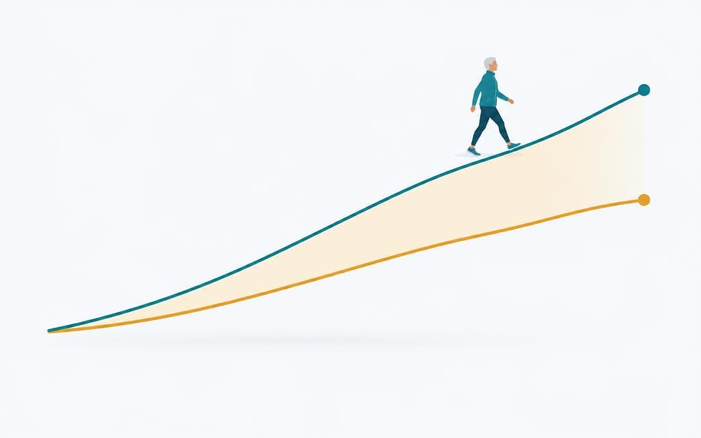 Illustration of two diverging lines — lifespan rising faster than healthy life expectancy — showing the widening morbidity gap
