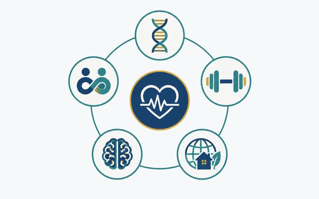 Illustration of the HSI Healthspan Model — five domains arranged around a central healthspan outcome