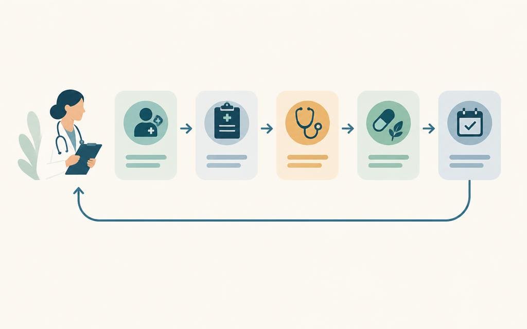 Illustration of the five-step HSI Method loop applied to a clinical case, with the final step feeding back into the first