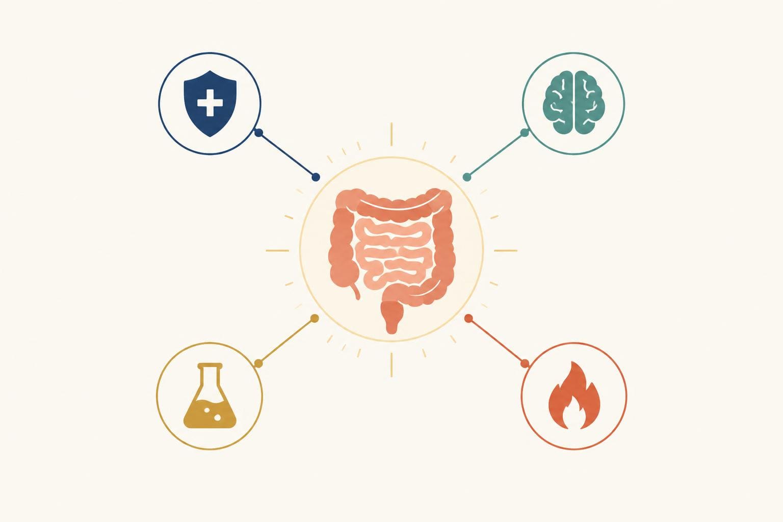 Illustration of the gut as a central hub connected to the immune system, brain, hormones and inflammation