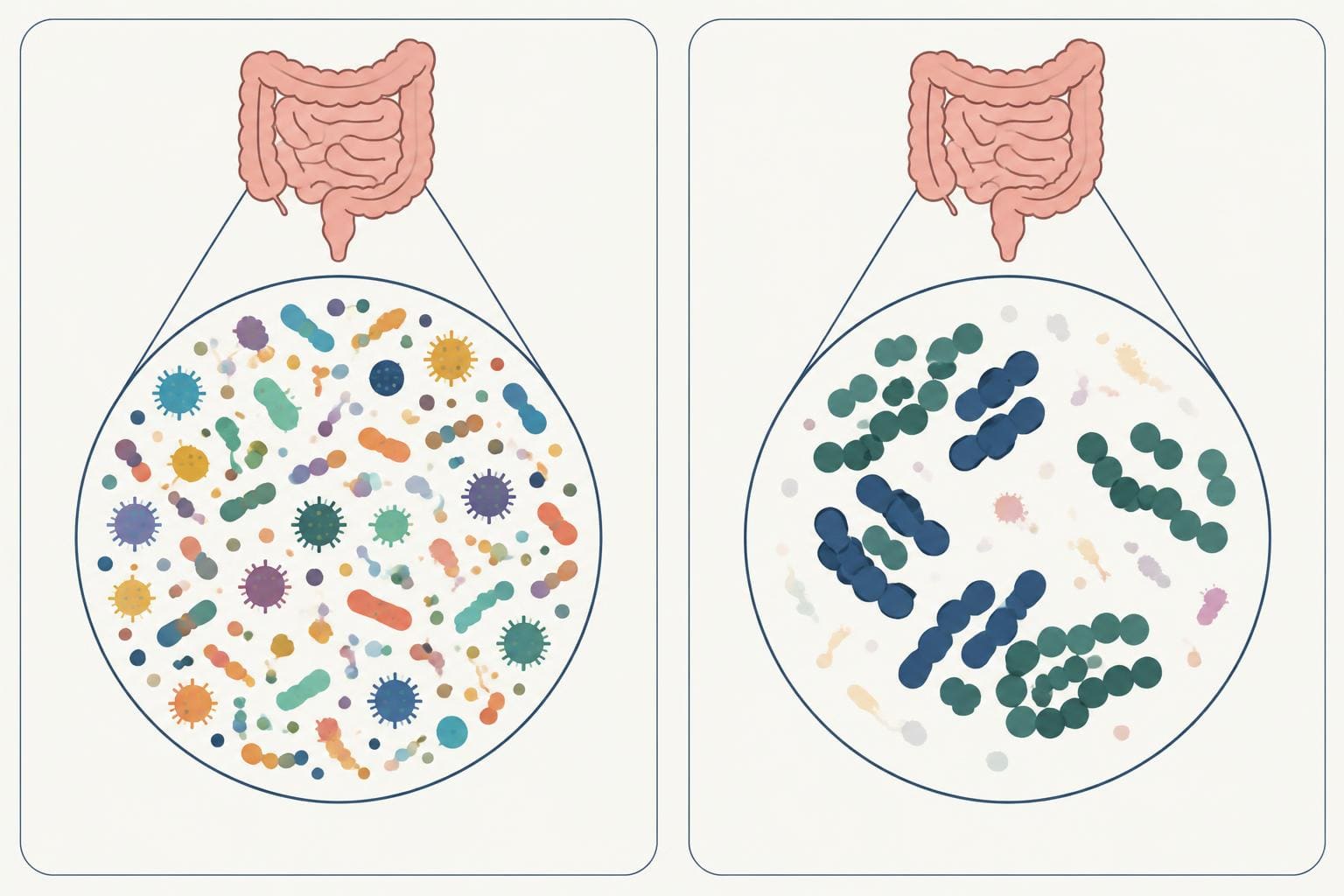 Side-by-side illustration comparing a diverse, balanced gut microbiome with a dysbiotic, low-diversity one