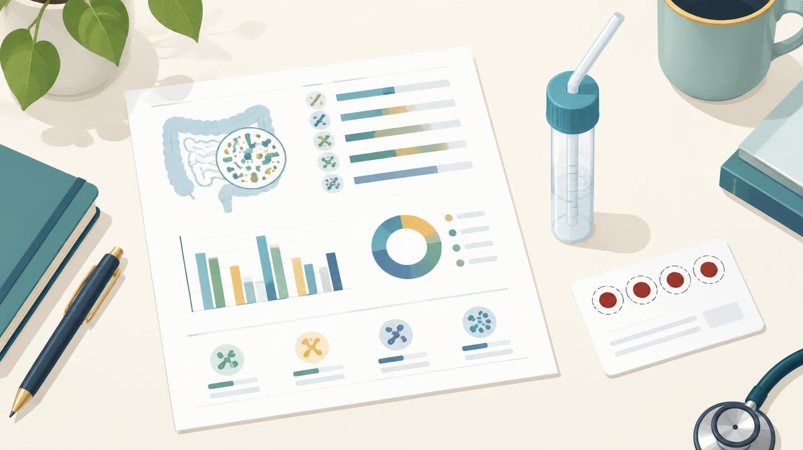 Flat illustration of gut-test materials on a clinical desk: a microbiome stool test report with charts, a breath-test collection tube, and a blood-spot card