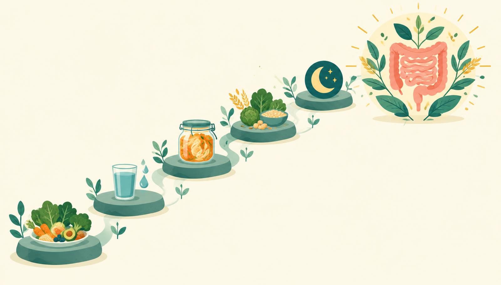 Illustration of six stepping stones — whole foods, water, fermented foods, fibre-rich plants and a moon for sleep — leading to a healthy gut surrounded by leaves