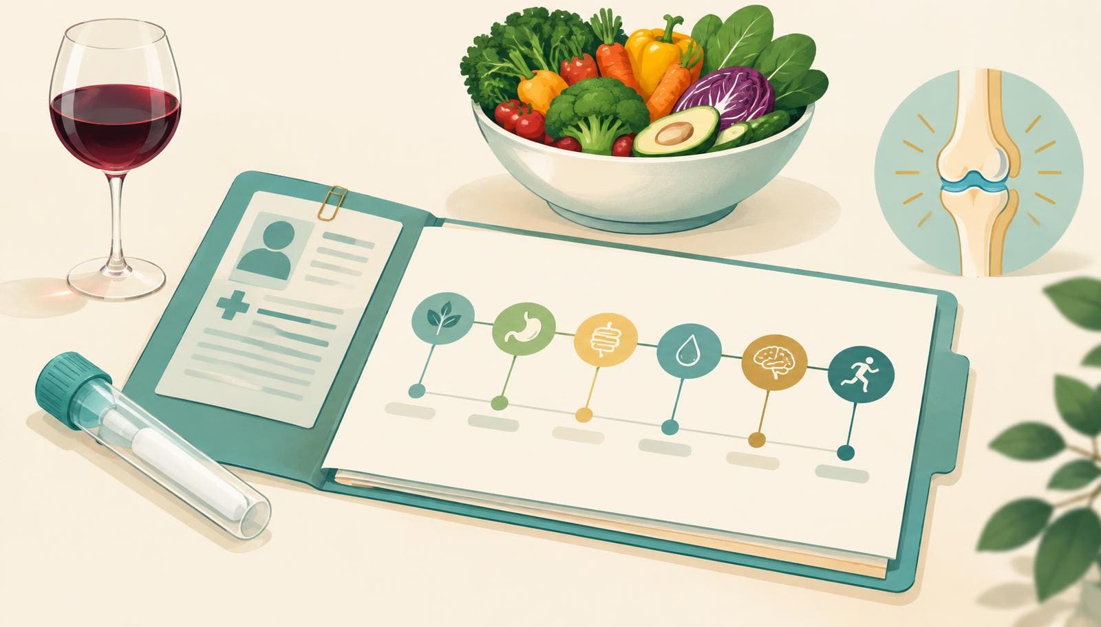 Illustration of an open patient case file with a six-stage timeline, beside a breath-test tube, a glass of wine, a bowl of varied vegetables and a knee-joint icon