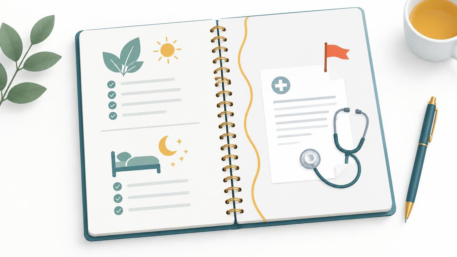 Illustration of a notebook divided between a lifestyle plan and a referral letter with a stethoscope and a small red flag