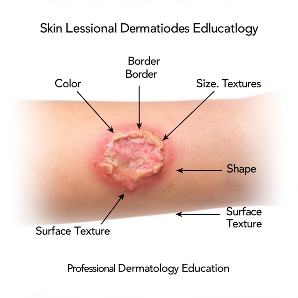 Annotated lesion showing assessment points: colour, border, size, shape, and surface texture