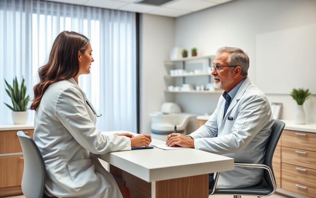 Doctor consulting with patient in a modern dermatology clinic