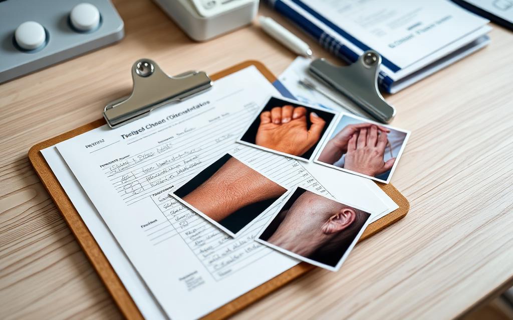 Clinical documentation with medical notes and photographs on a clipboard