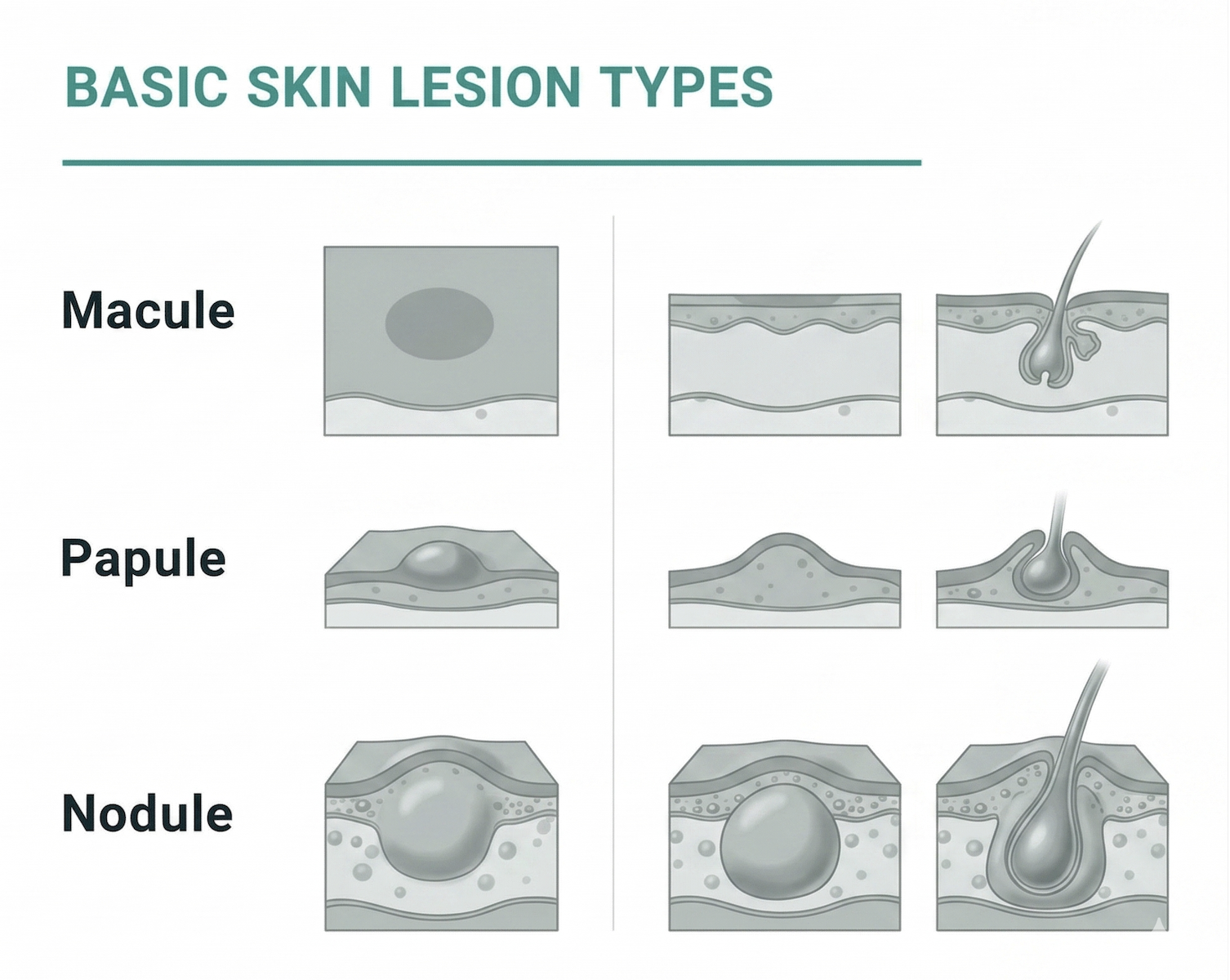 Diagram illustrating basic skin lesion types: macule, papule, and nodule