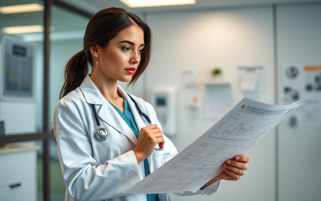 Doctor thoughtfully analysing patient information