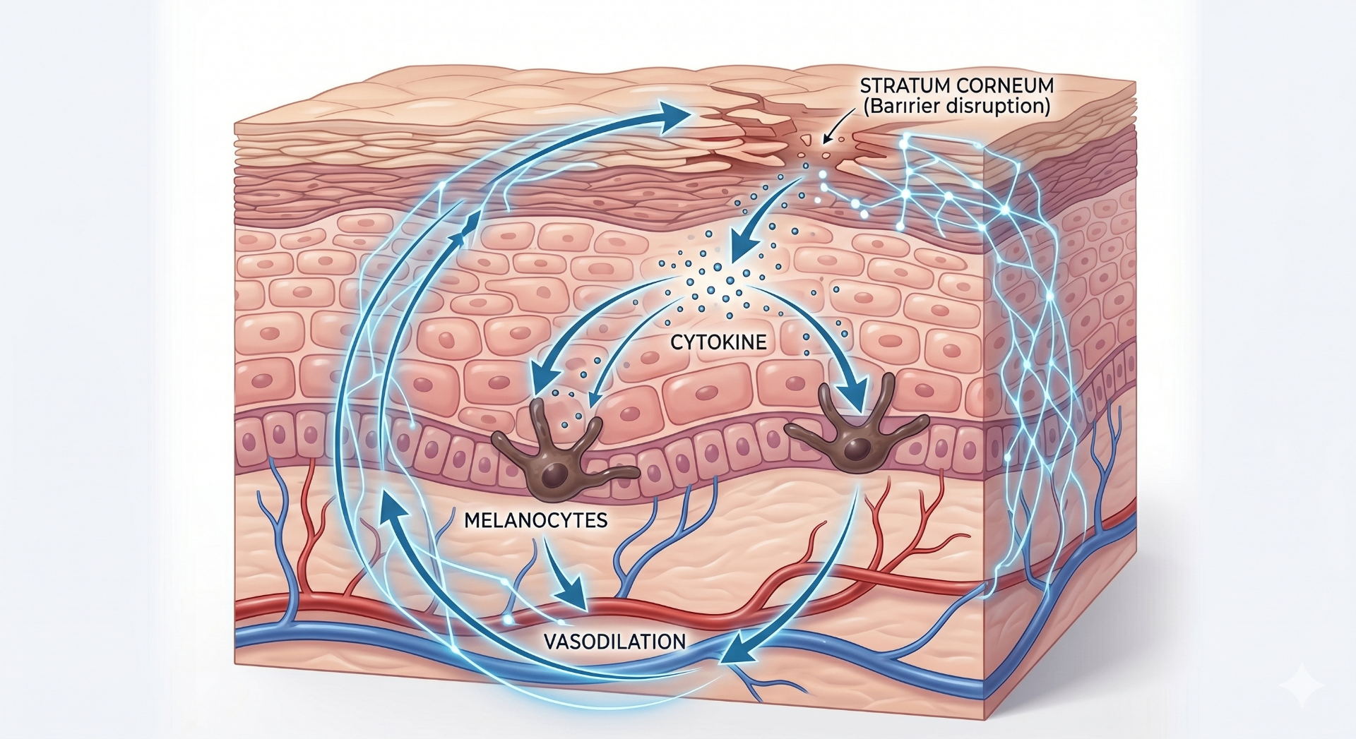 Cross-section diagram showing barrier disruption, cytokine signalling, melanocyte activation, and vasodilation as an interconnected skin response network