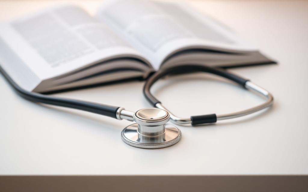 Stethoscope and medical textbook representing clinical education foundation