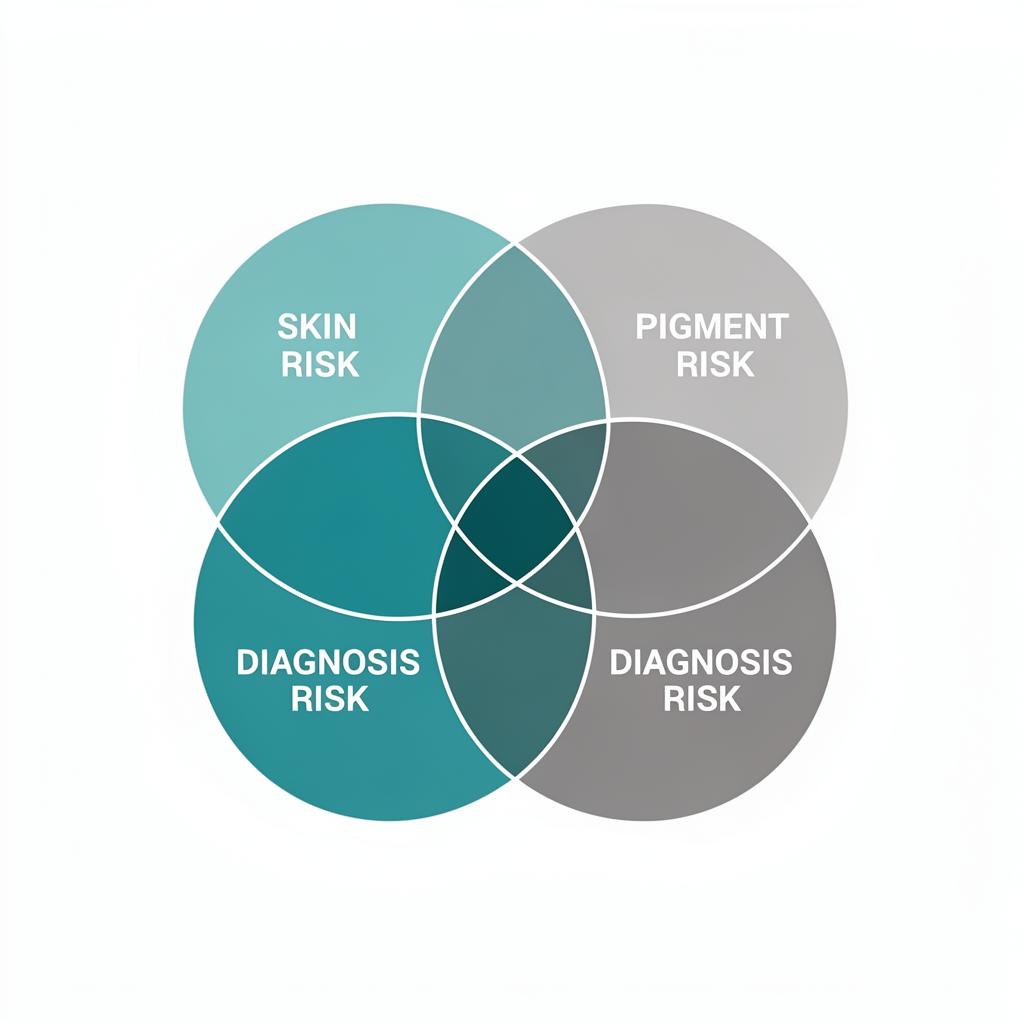 Venn diagram showing three overlapping risk layers: Skin, Pigment, and Diagnosis
