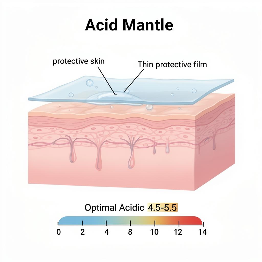 Clinical diagram showing the acid mantle layer on the skin surface with pH scale