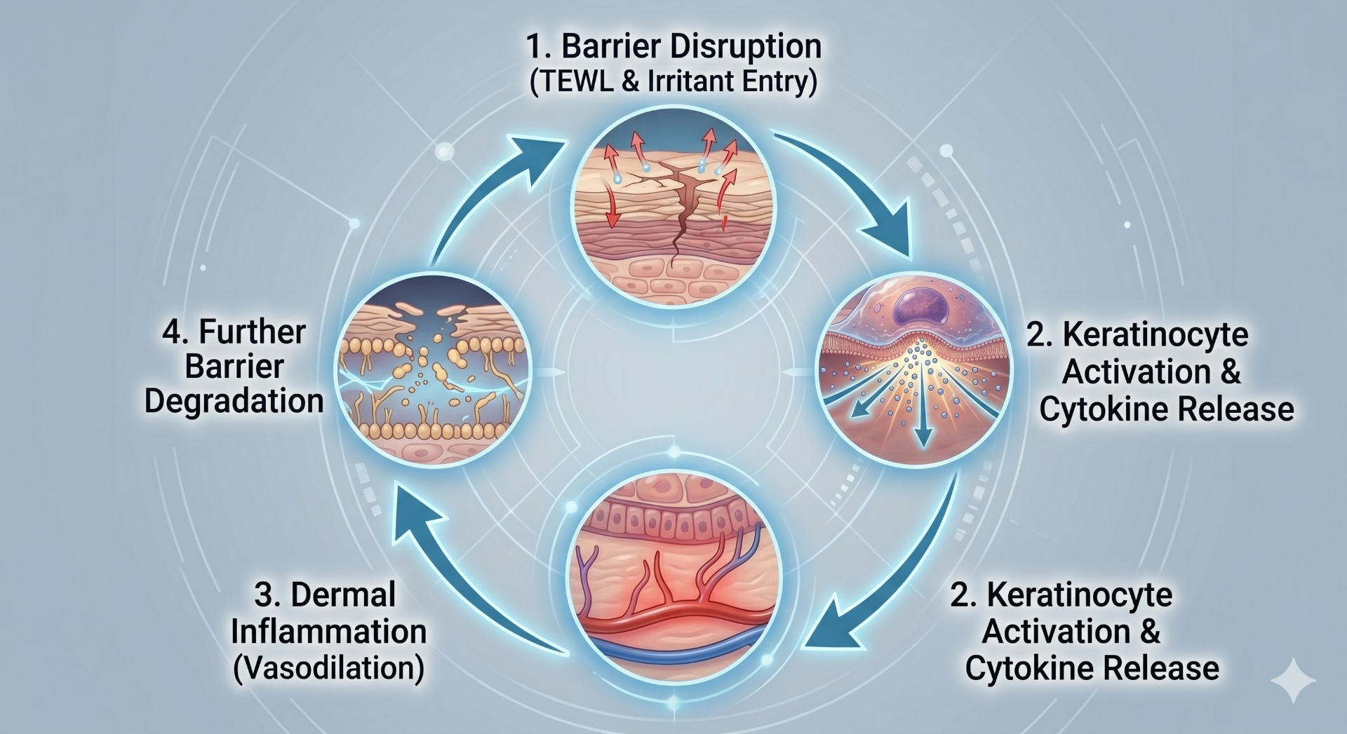 Circular diagram showing the barrier damage feedback loop: barrier disruption (TEWL & irritant entry), keratinocyte activation & cytokine release, dermal inflammation (vasodilation), and further barrier degradation