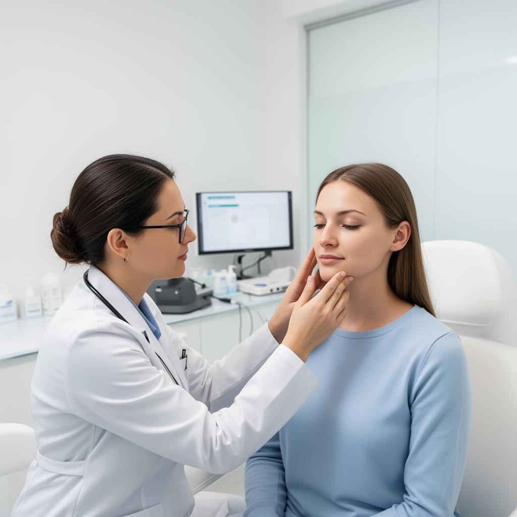 Doctor examining patient facial skin before aesthetic treatment in clinical setting