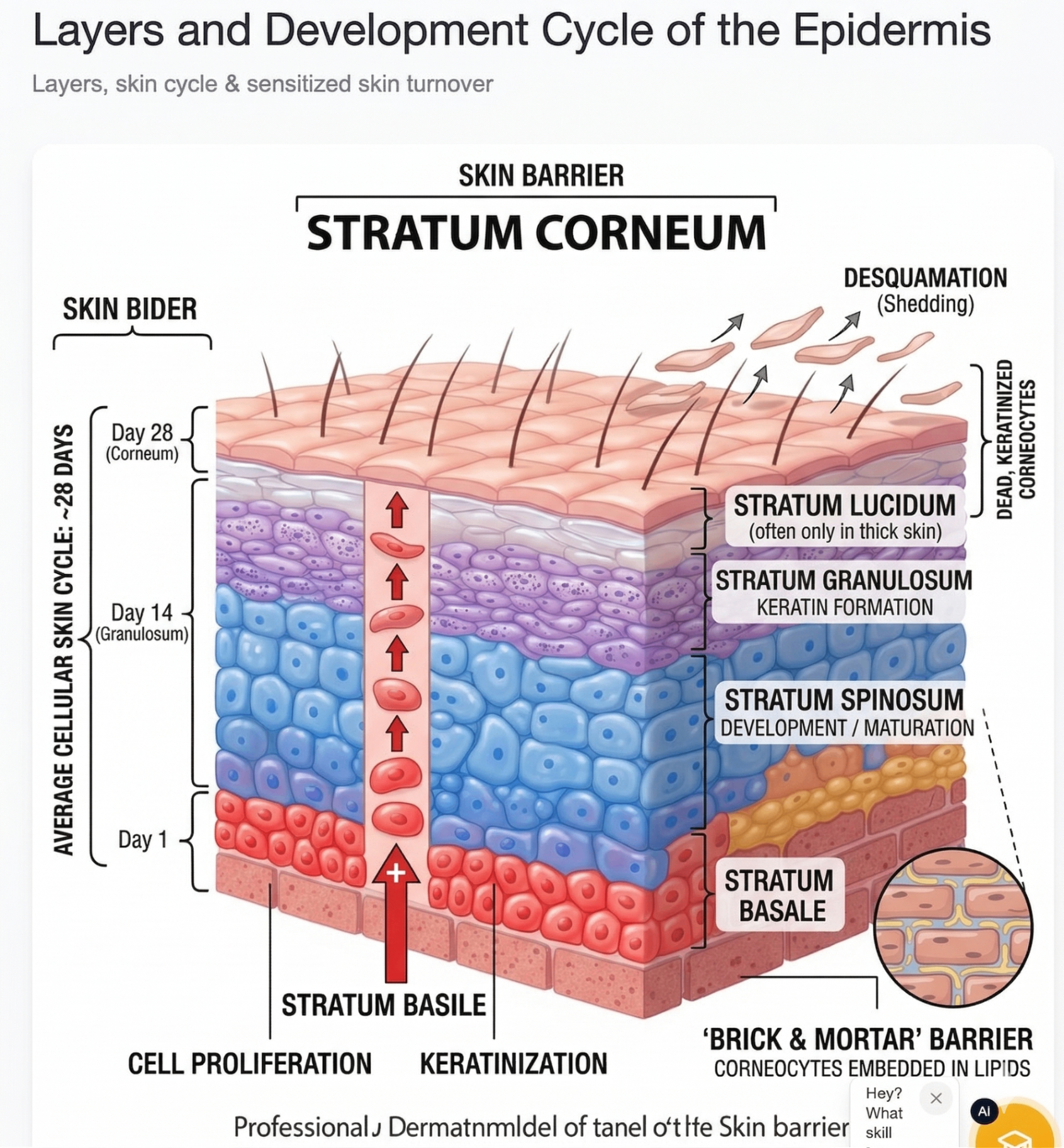 Layers and development cycle of the epidermis showing stratum basale, spinosum, granulosum, lucidum, and corneum with 28-day skin cell migration cycle, keratinization process, desquamation shedding, and brick and mortar barrier structure of corneocytes embedded in lipids