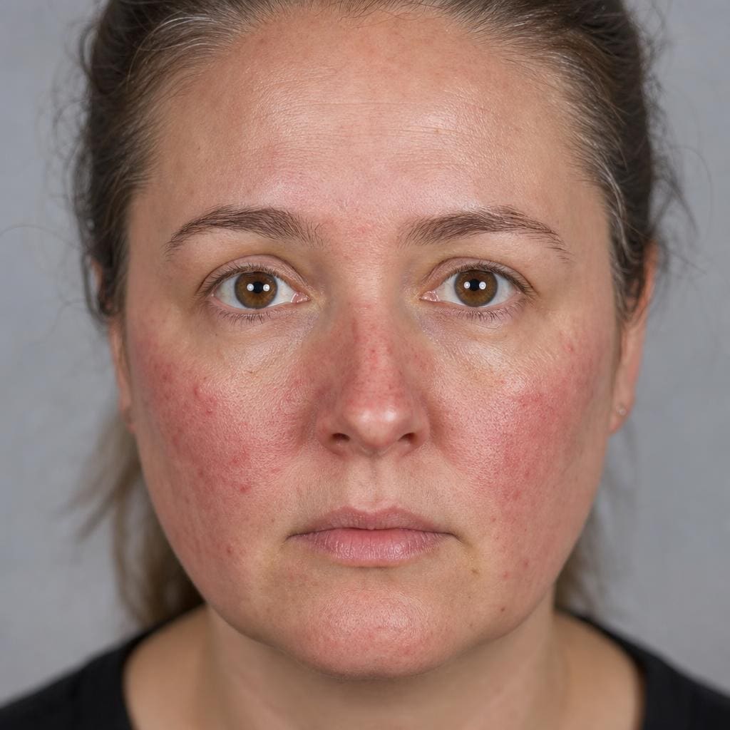 Clinical image showing facial redness and inflammation consistent with rosacea