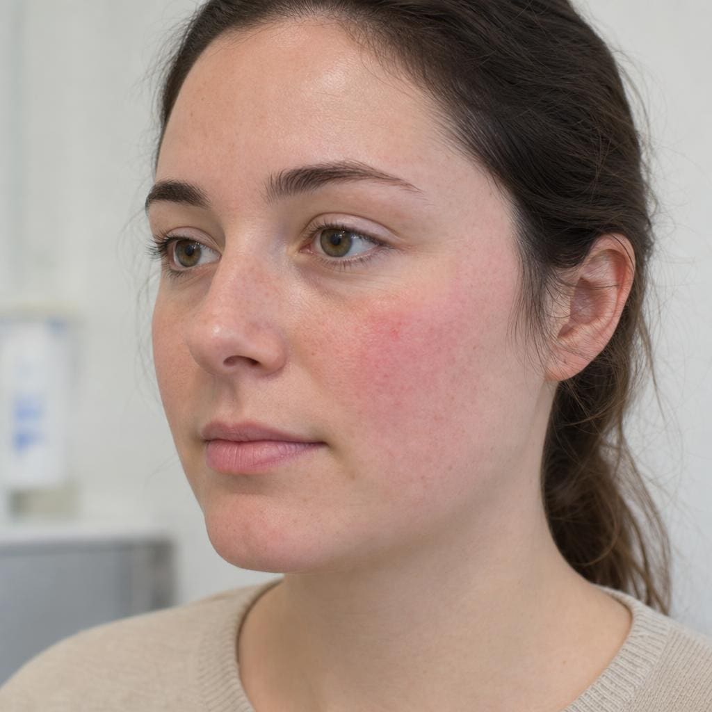 Person with mild facial redness showing sensitive skin reaction in clinical setting